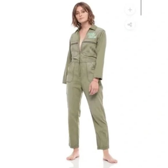 Sandrine Rose x Free People Natural Khaki Tres Cool Front Zip Jumpsuit NWT - Picture 2 of 7